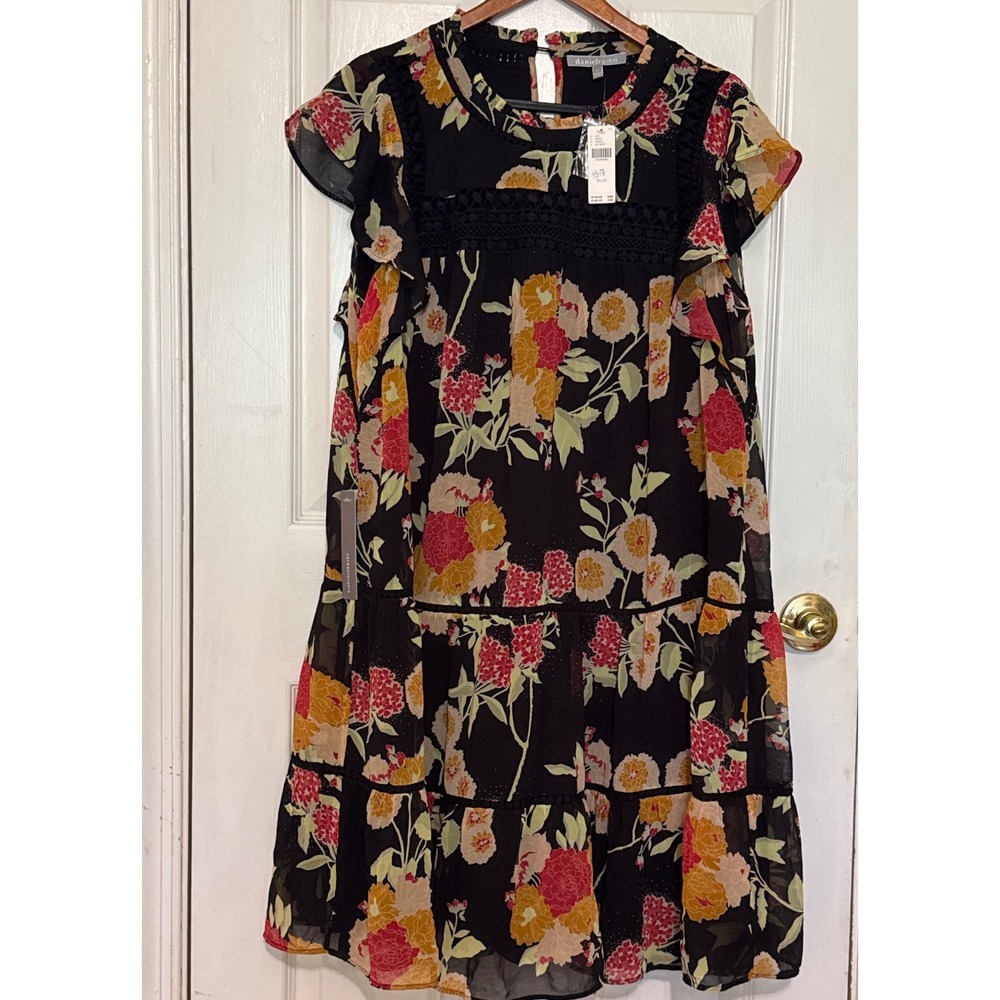 Daniel Rainn Anthropologie Floral Tiered Dress Black Motif Flutter Sleeve 2X NWT